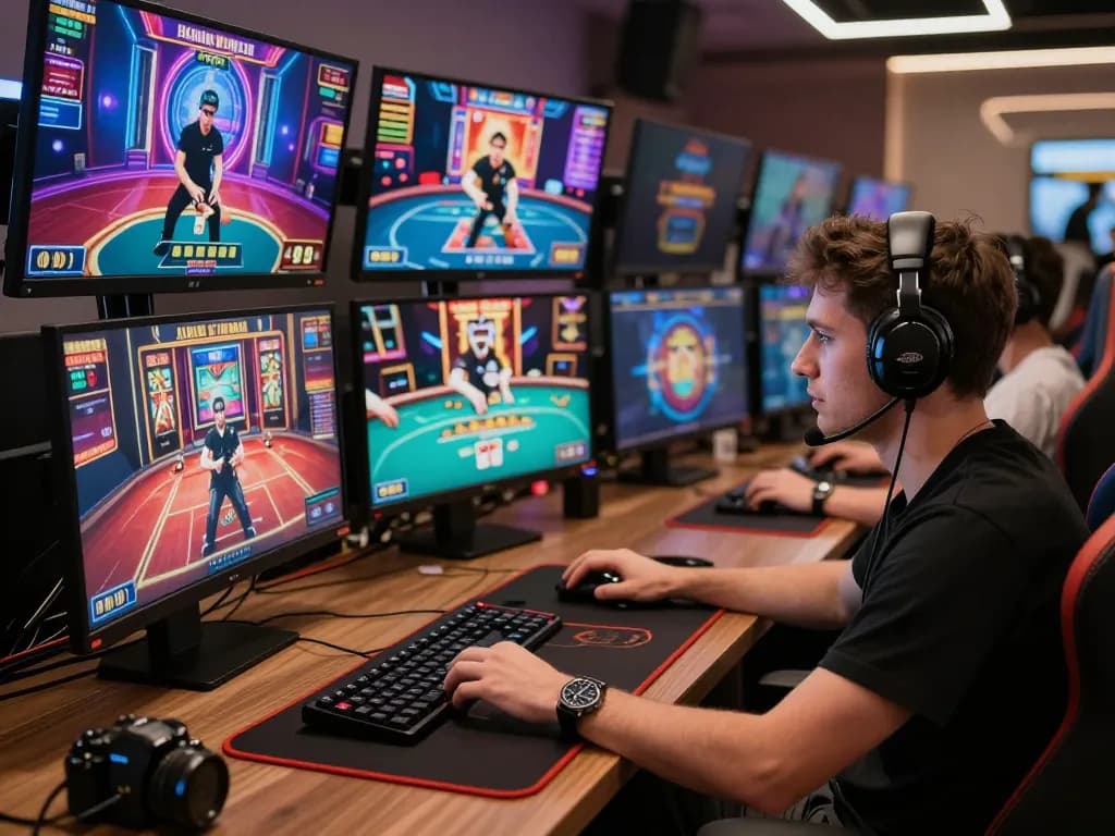 Nohu90 online gaming setup featuring a dedicated player actively engaging in casino games on multiple screens.