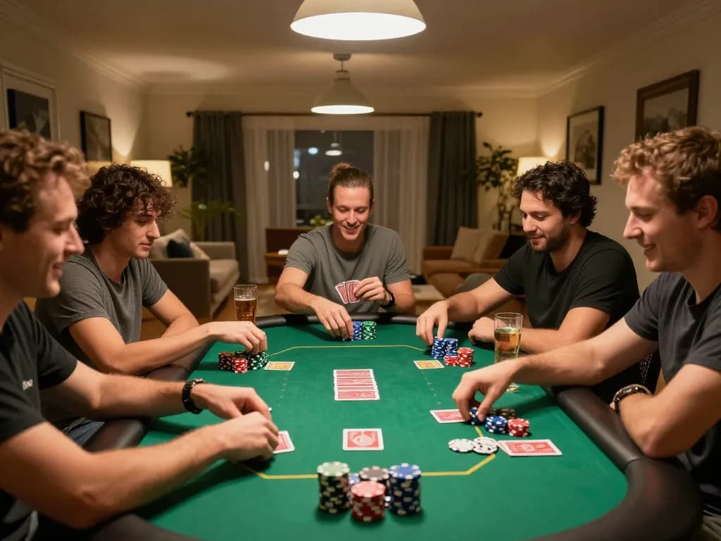 Engaged friends play poker reflecting the excitement of online casinos in Canada.