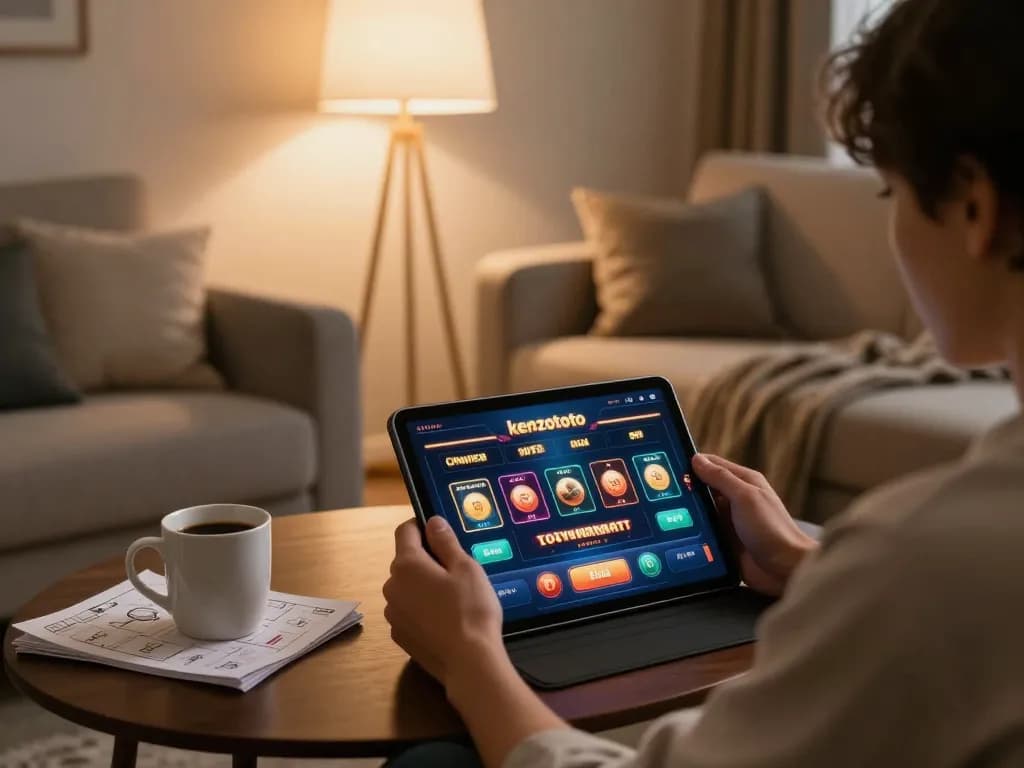 Pemain menjelajahi permainan kenzototo di tablet di rumah yang nyaman dengan dekorasi yang stylish
