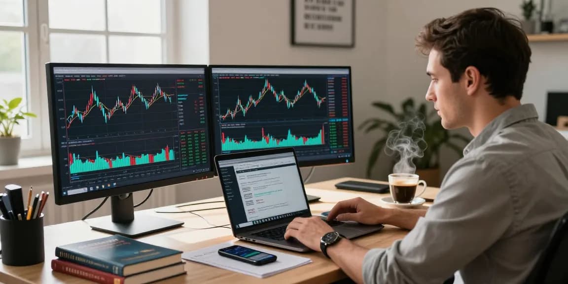 Trader sedang menganalisis pasar keuangan dengan kakakjudi di meja kerja modern