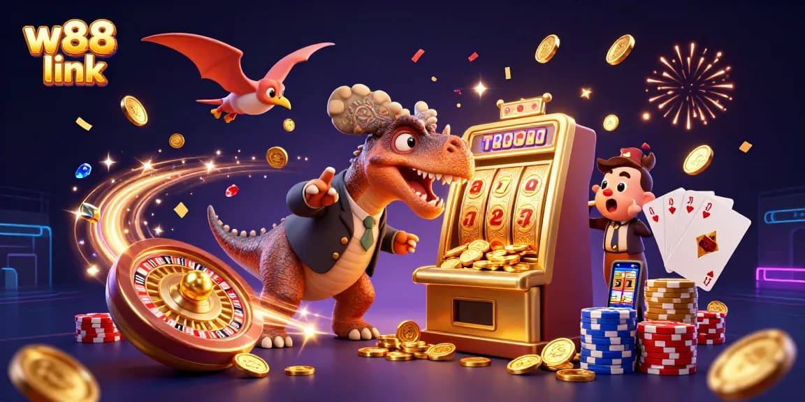 Exciting w88 link scene showcasing a dinosaur hitting a slot machine for coins amidst a vibrant casino.