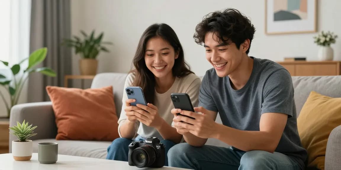 Sexting AI interaction between a couple enjoying playful messages in a cozy living room.