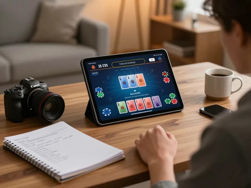 Engaged player using ATQ live dealer game on tablet with notebook and coffee nearby