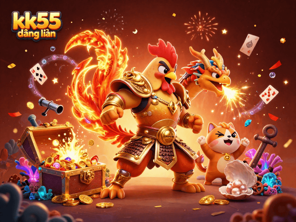 Engage with kk55 đăng nhập to experience thrilling casino adventures with a fighting rooster and dragon.