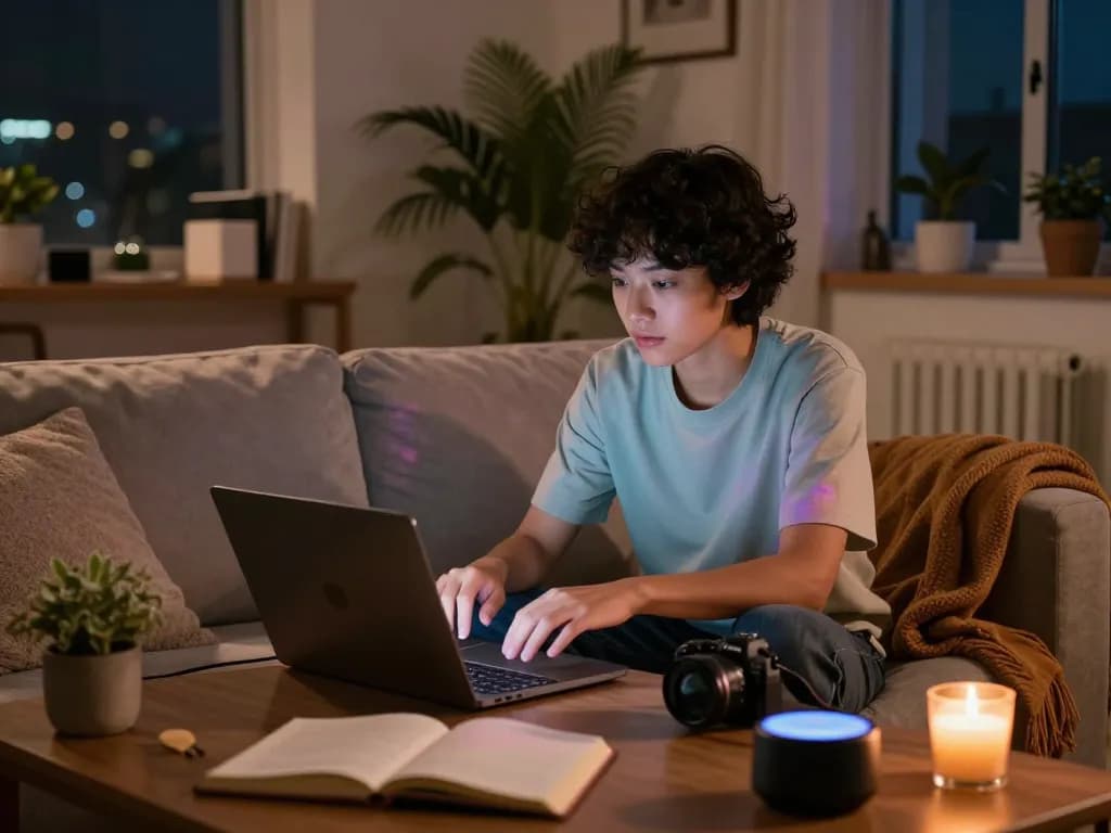 Engaging in an NSFW chat in a cozy home office setting during the evening.