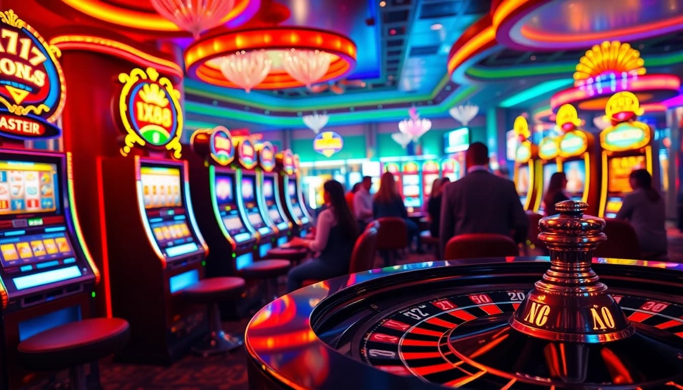 Experience the thrill of gambling at XX88 with vibrant slot machines and roulette in a luxurious casino environment.