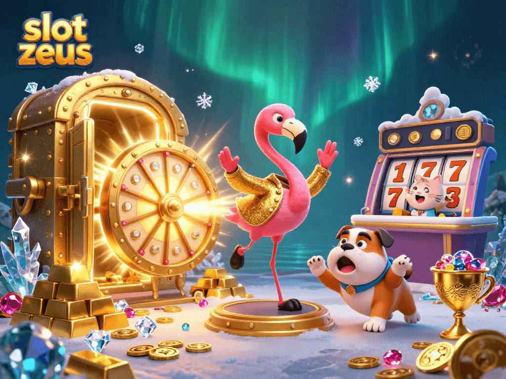 Spin to win with slot zeus as the flamingo host launches the prize wheel, gold coins shower everywhere!