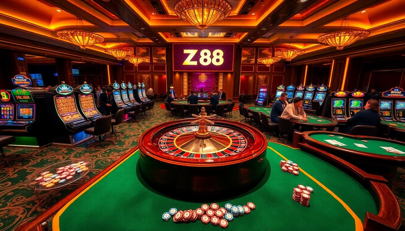 Experience ZX88 excitement with players at a vibrant casino table and roulette wheel featuring colorful chips.