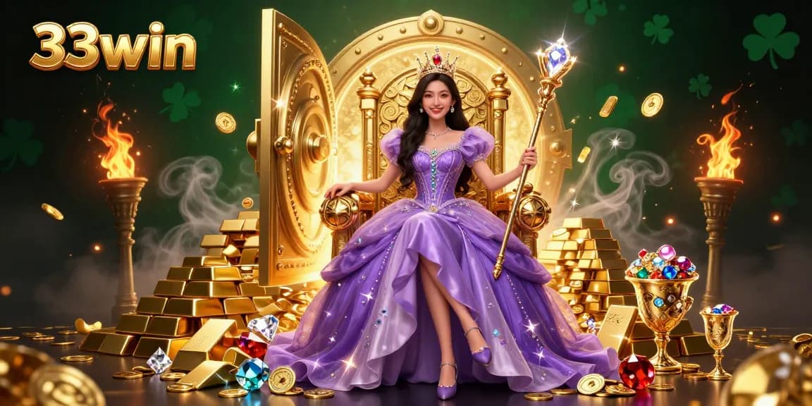 Experience the magic of 33win in a dazzling casino illustration with golden treasures and vibrant colors.