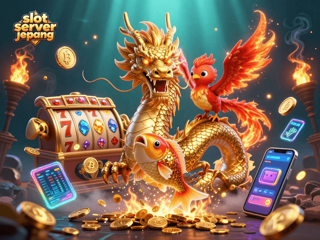 Experience the excitement of slot server jepang with this vibrant 3D illustration featuring a dragon, phoenix, and koi fish.