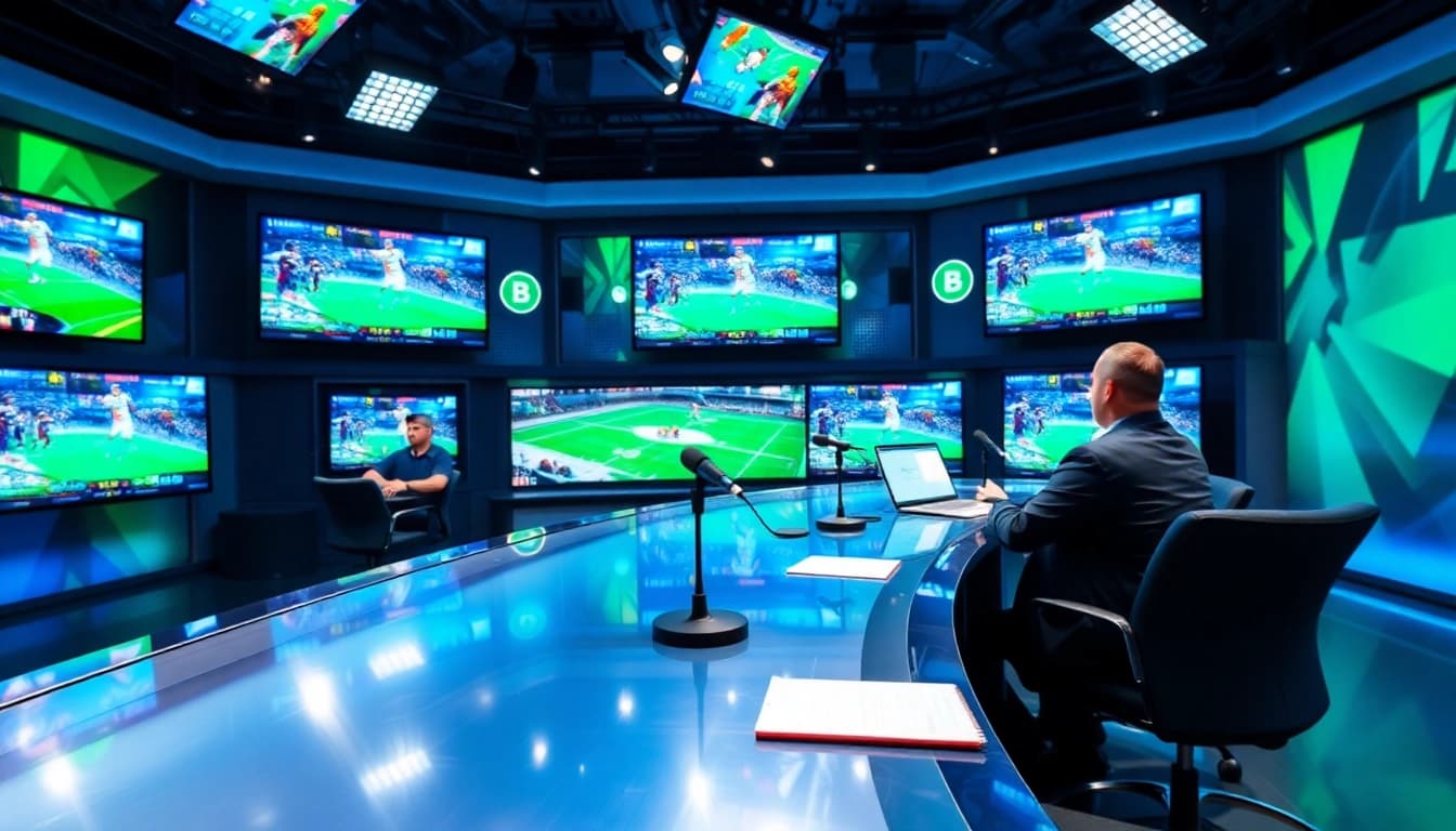 Engaging scene of sports broadcasting with sportscasters analyzing live events.