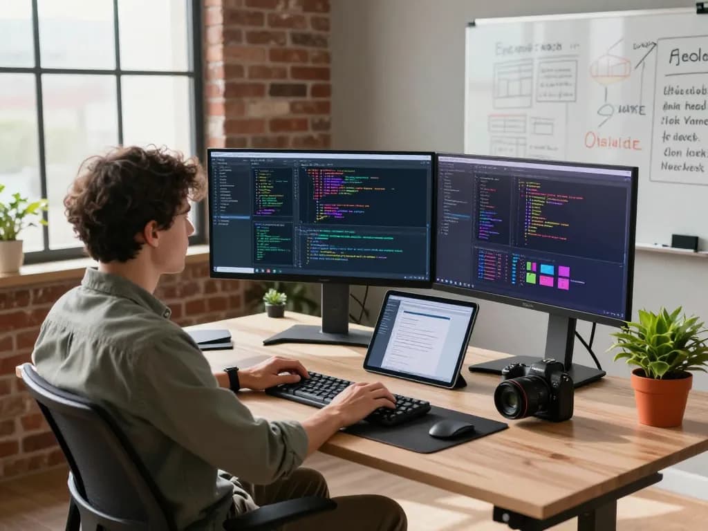 Software developer using openclaw on multiple monitors in a bright, modern office environment.
