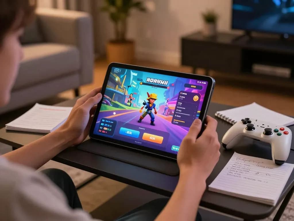 Engaging in NSFW games APK on a tablet during a cozy home gaming night, with strategic notes visible.