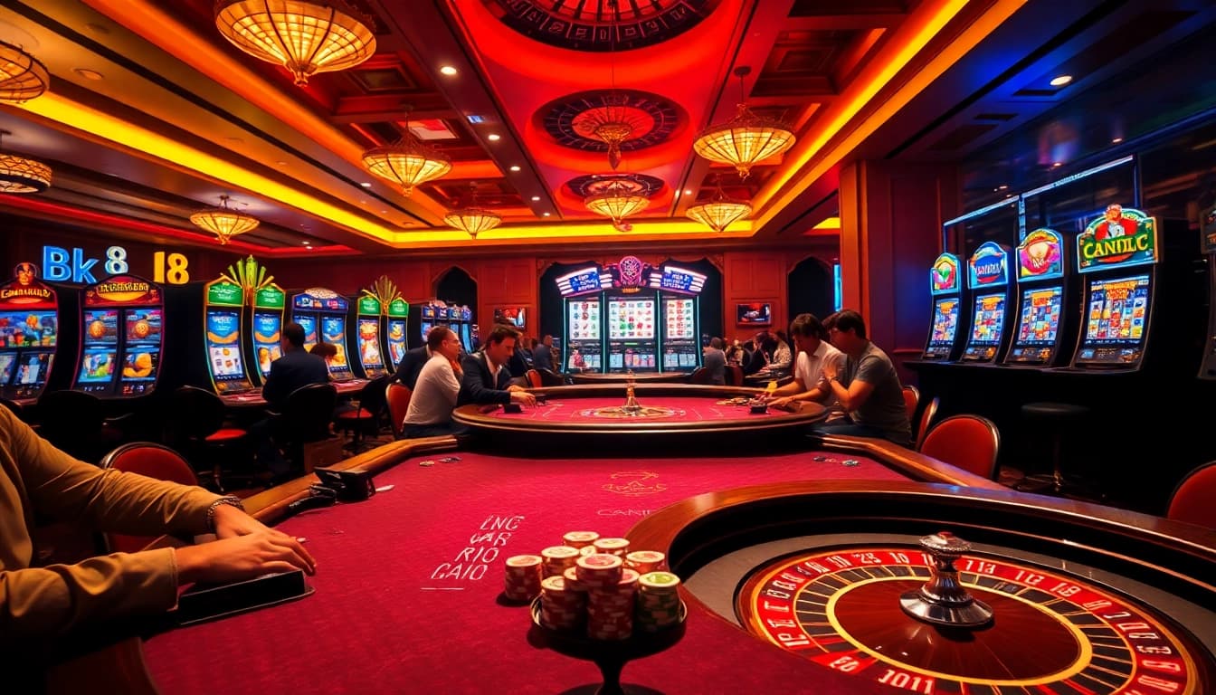 Engaging players enjoying games at BK8 เว็บตรง casino with vibrant tables and slot machines.
