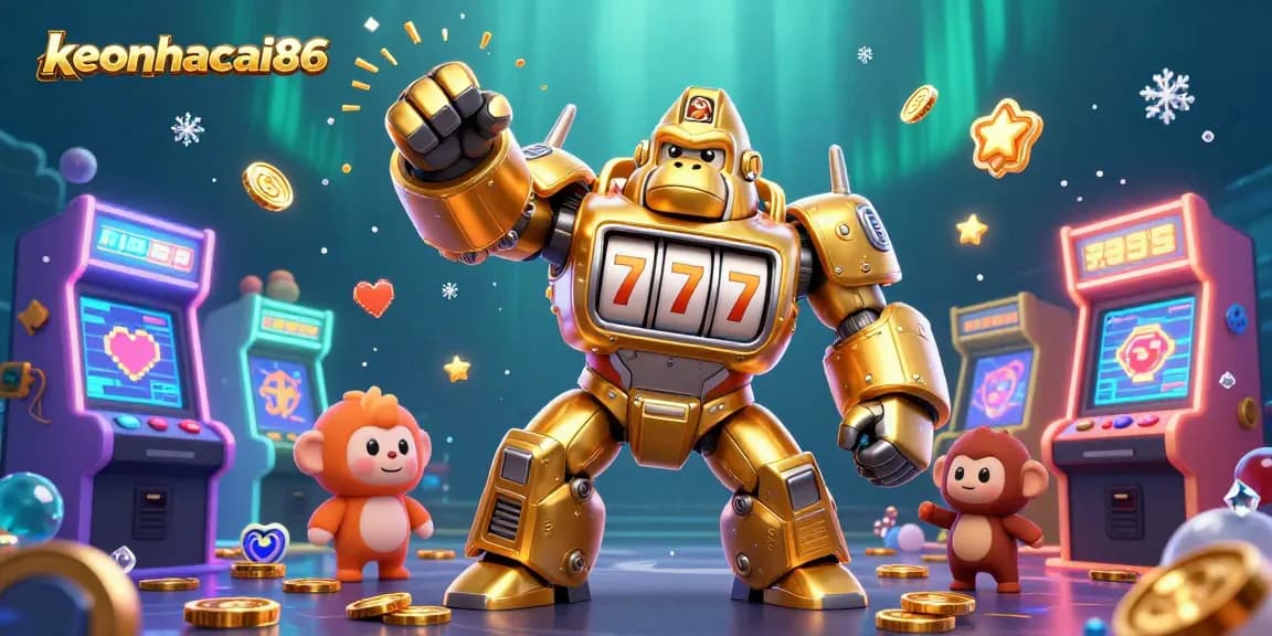Experience the thrill of keonhacai86 as a dynamic gorilla mech champion bursts with coins in a vibrant casino universe.