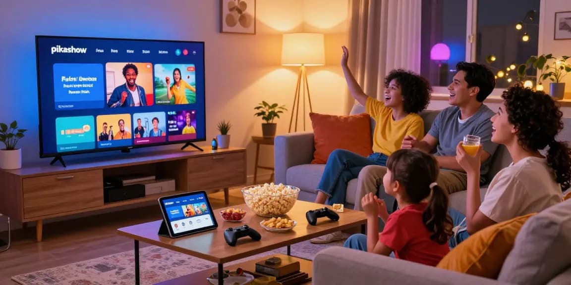 Family enjoying movie night using Pikashow app on smart TV in a cozy living room.