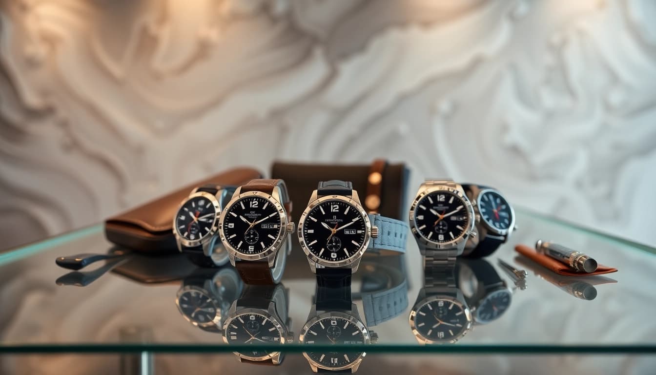 Admire stunning replica watches on a luxury display with vibrant details and sophisticated atmosphere.