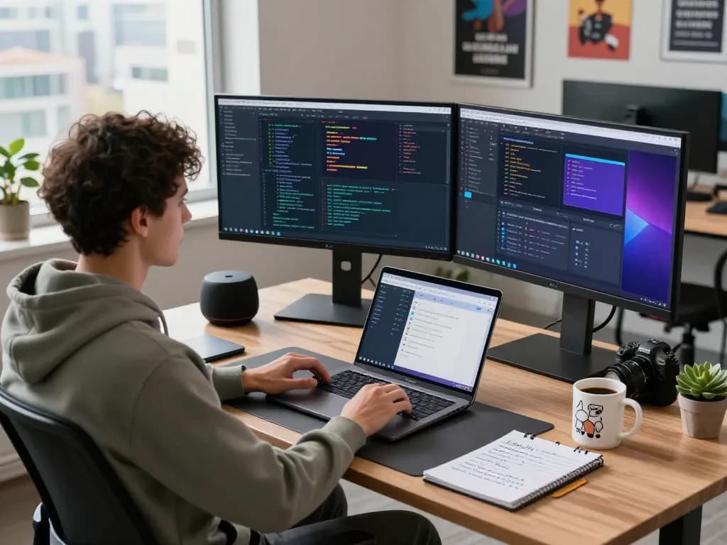 Developer utilizing OpenClaw in a modern workspace with vibrant coding displays and tech gadgets.