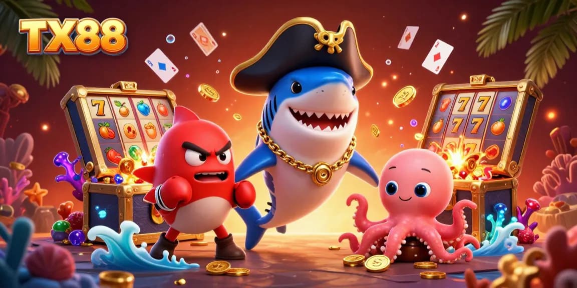 Experience the excitement of gaming at TX88 with lively casino characters in a vibrant oceanic scene.