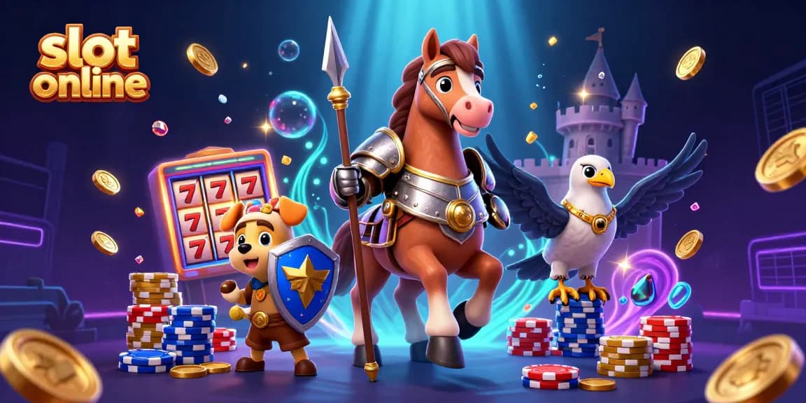 Putar gulungan di slot online dengan kesatria abad pertengahan, anak anjing, dan elang di tengah koin emas dan harta karun.