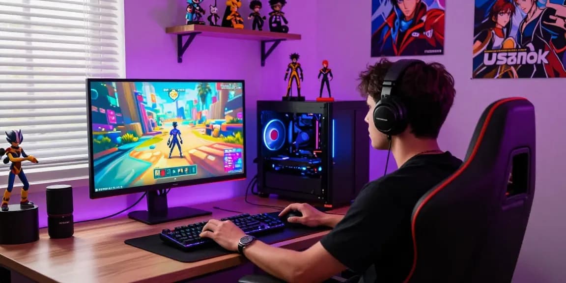 Engaging gamer immersed in hentai games with colorful LED-lit gaming setup.