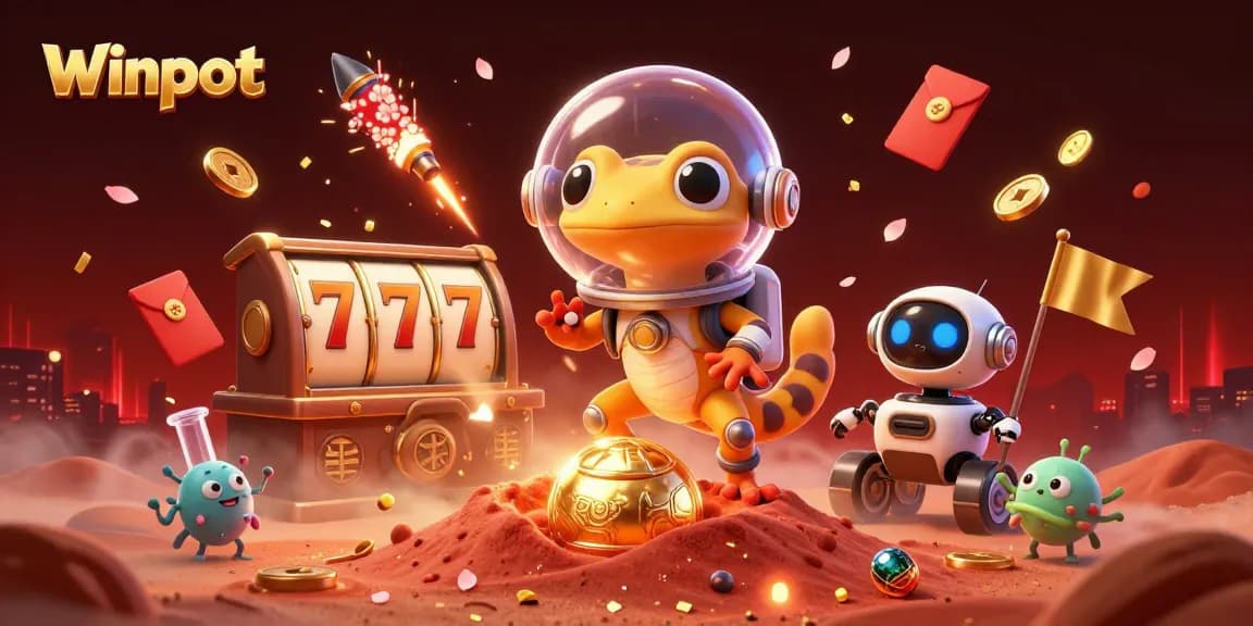 Winpot features a 3D Martian gecko celebrating a golden casino jackpot amidst vibrant festive elements.
