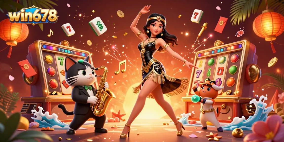 Engage with win678 through vibrant casino-themed illustration featuring a dancing woman and playful cat.