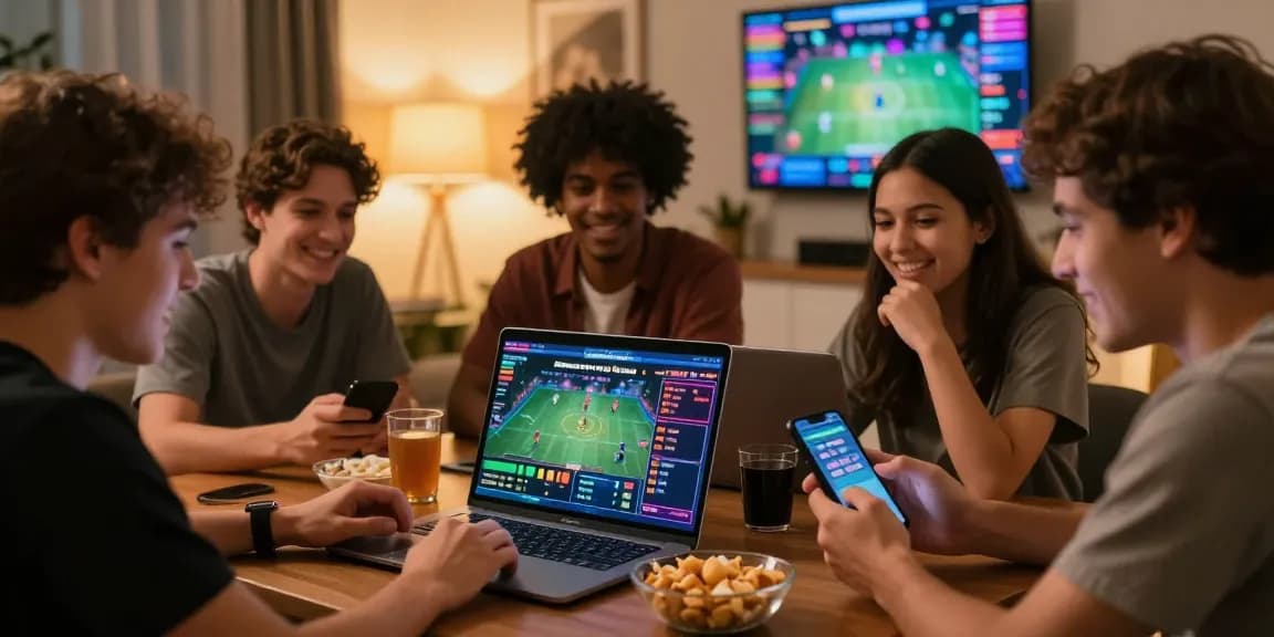 A group engaged in esportes da sorte online betting strategies in a cozy living room environment.
