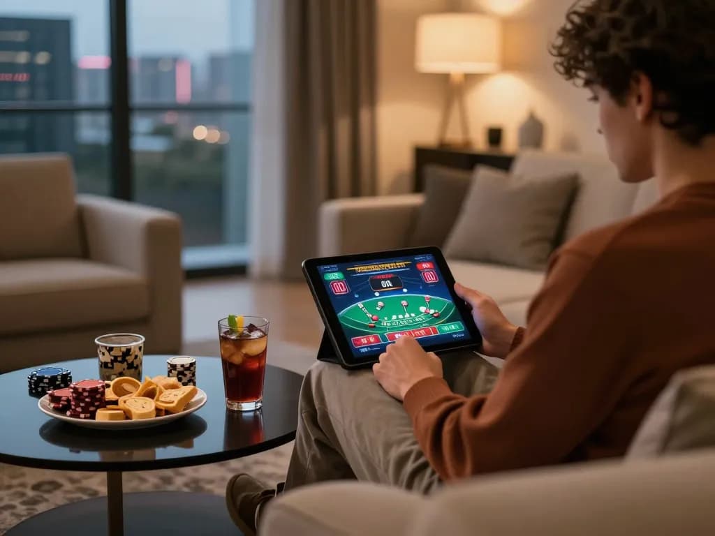 Player engaged in 33win live dealer blackjack under warm lighting, featuring cozy home setup.