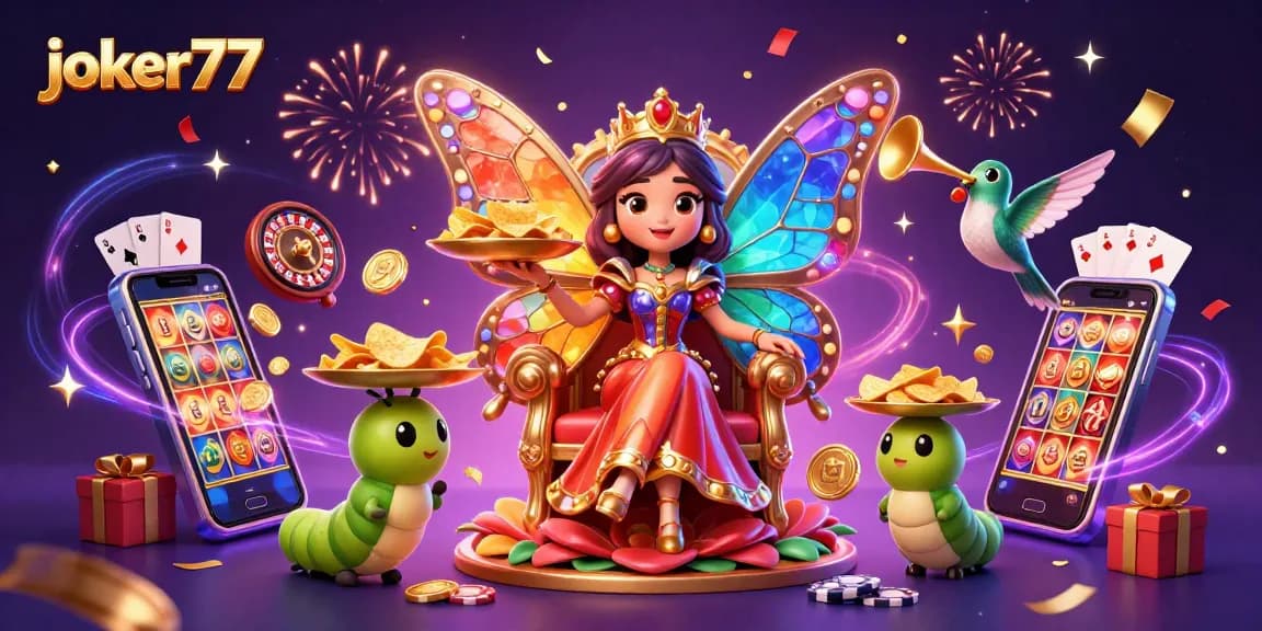 Experience excitement with joker77 as a butterfly queen leads a vibrant casino scene packed with games and treasures.