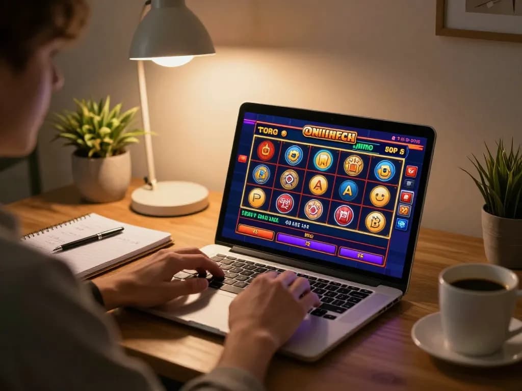Player enjoying slots on 23win, showcasing online casino gaming at home with strategy notes.