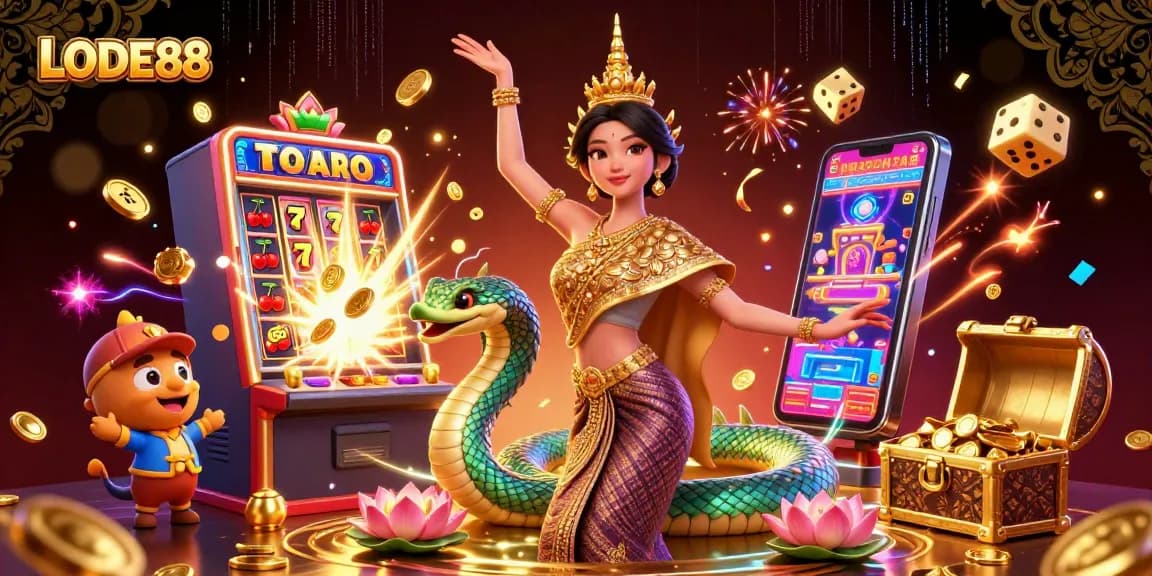 Immerse in LODE88's vibrant casino world with a dazzling scene featuring a dancing woman, a Naga serpent, slot machines, and golden treasures.