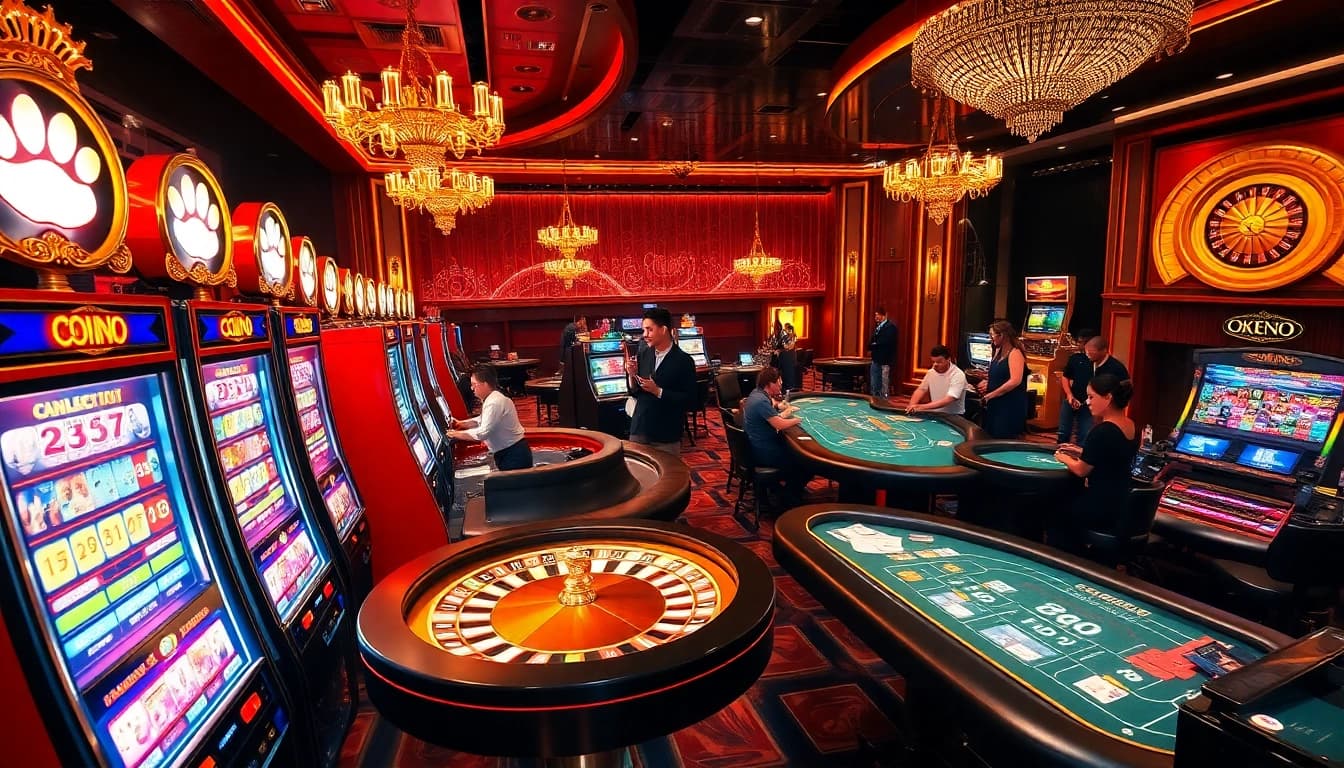 Engaging scene of gamers enjoying khuyến mãi okfun at a vibrant casino atmosphere.