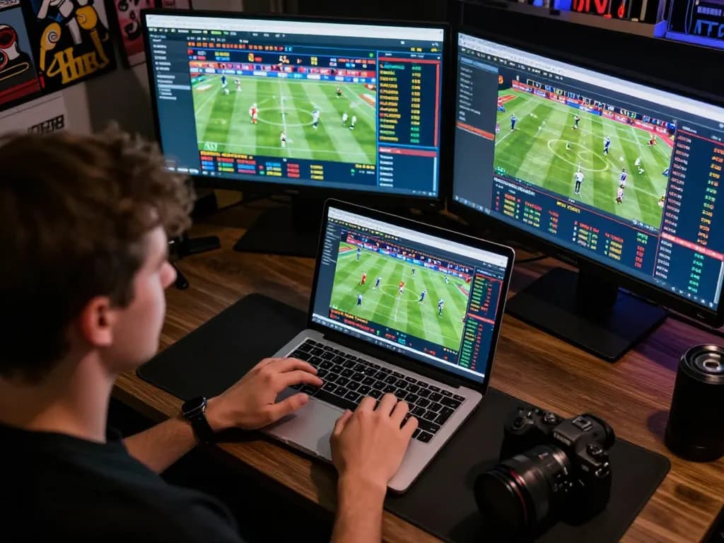 Person analyzing live sports odds for Bbet during intense betting session at home