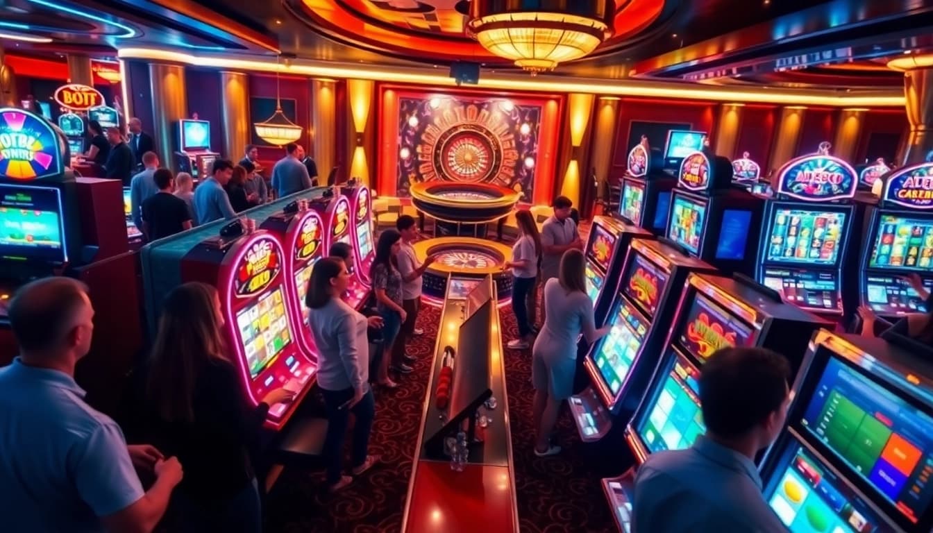 Gamblers enjoying the exhilarating experience of slot88 machines in a luxurious casino.
