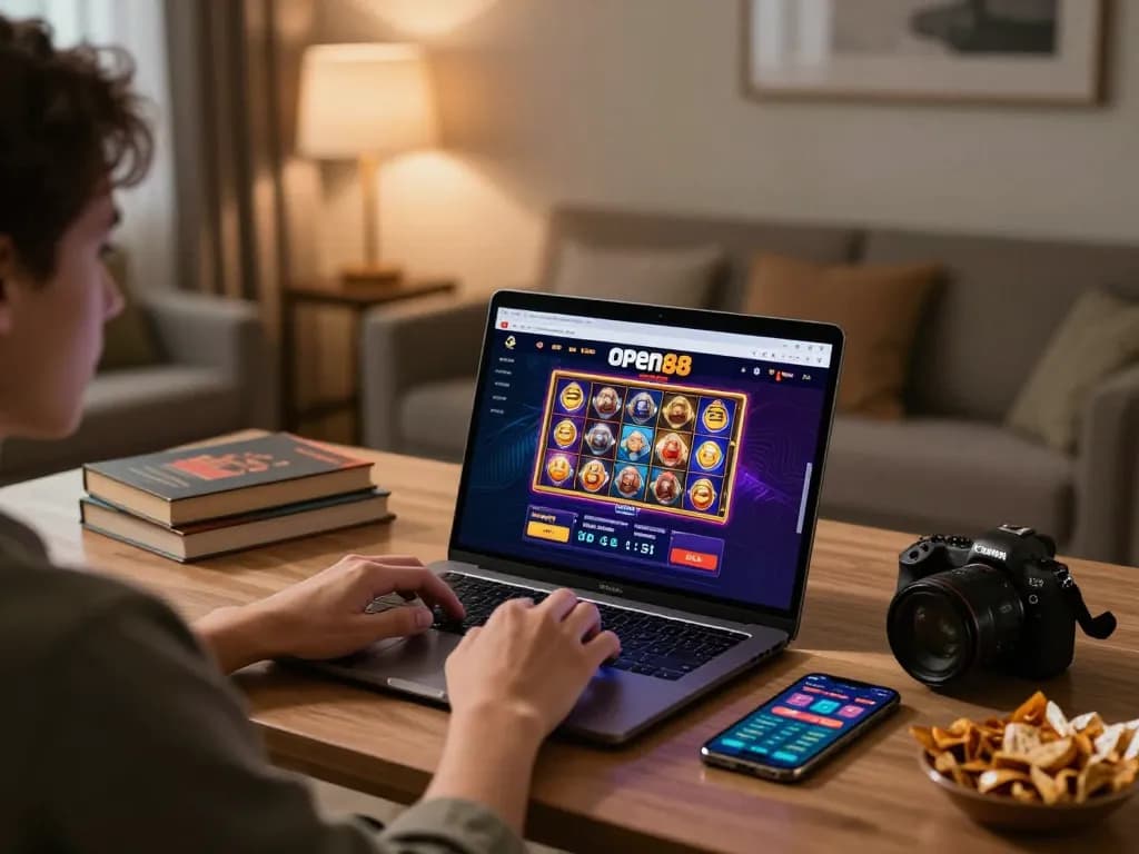 Engaging with open88 online casino platform on a stylish desk setup, showcasing vibrant gaming interface.