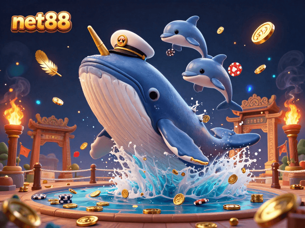 Engage with net88's vibrant casino scene filled with golden coins and animated sea creatures.