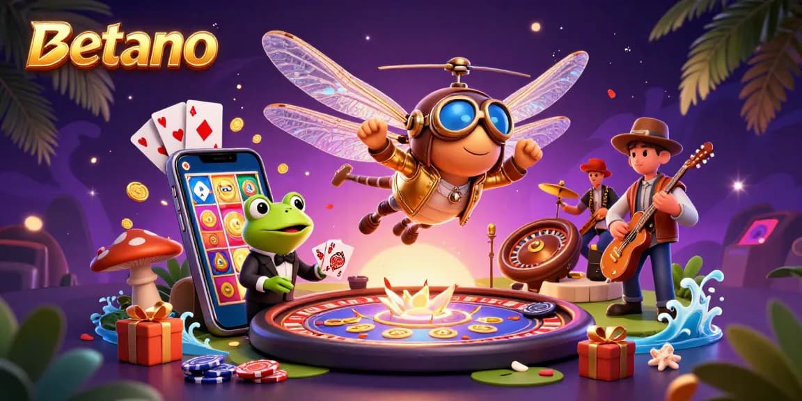 Betano brings excitement with a dragonfly pilot, frog croupier, and colorful casino imagery.