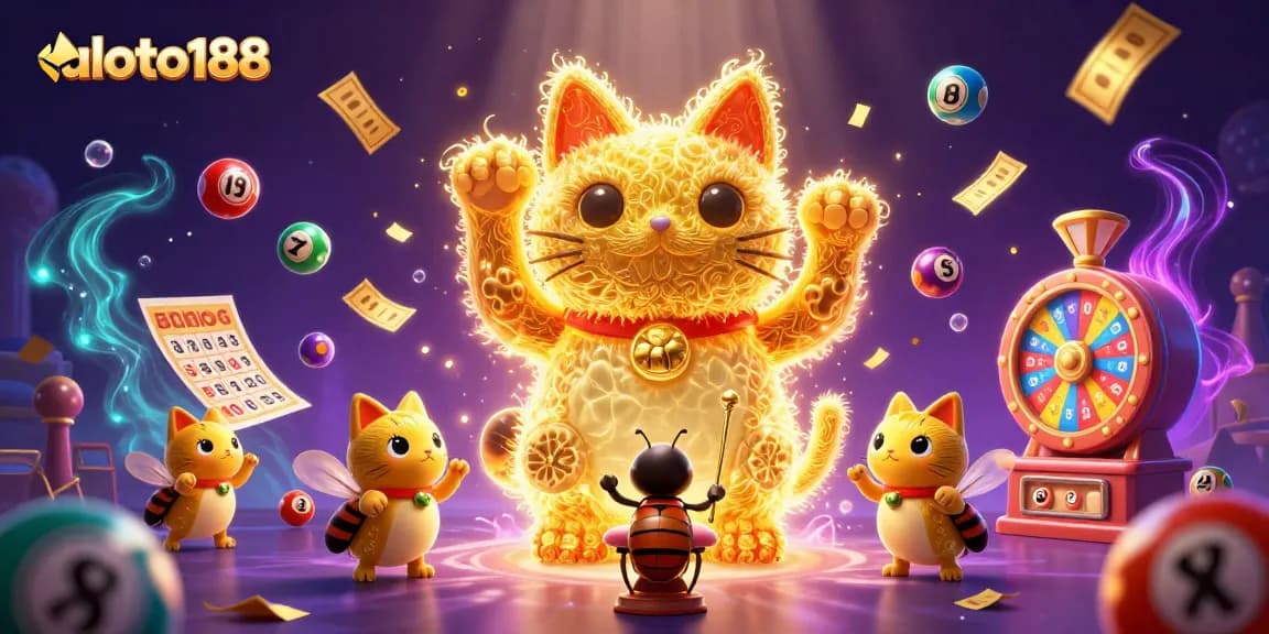 Win big with aloto188 in a vibrant lottery-themed 3D gambling illustration with dynamic elements.