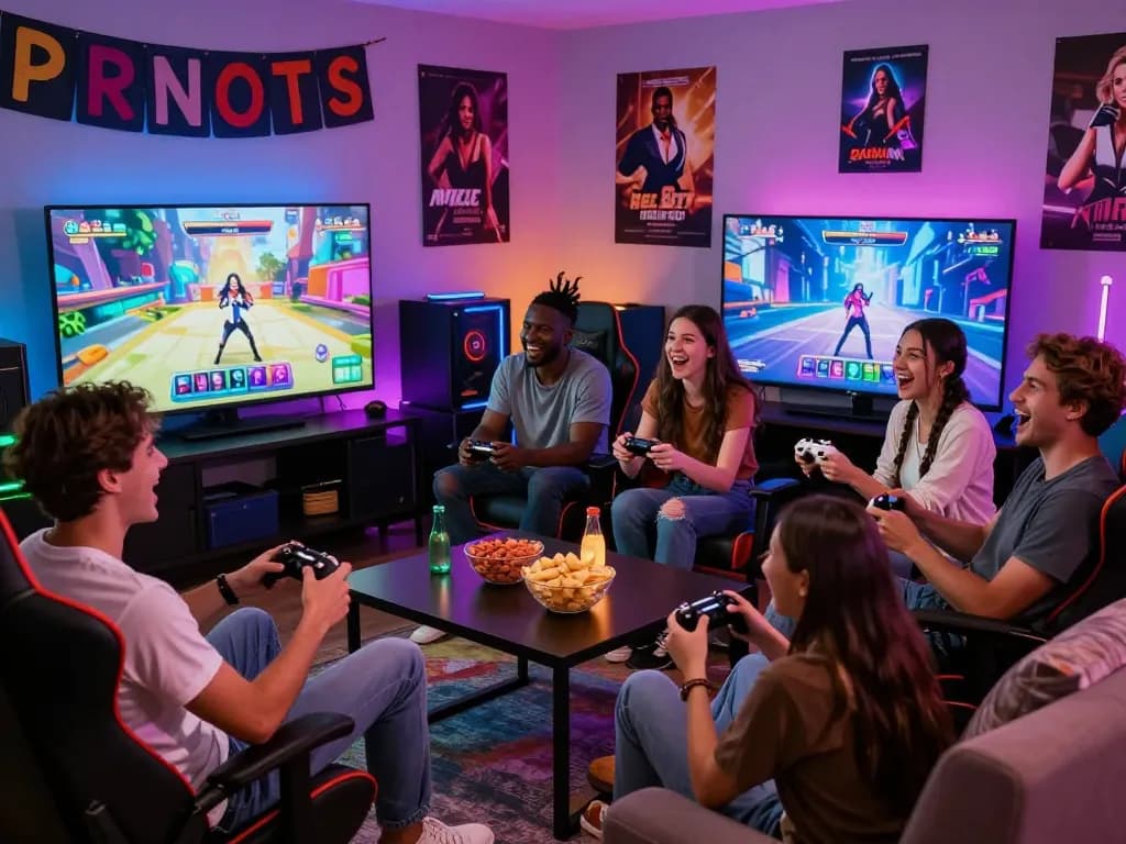 Friends enjoying a lively gaming session playing a sex game with snacks and vibrant lighting.