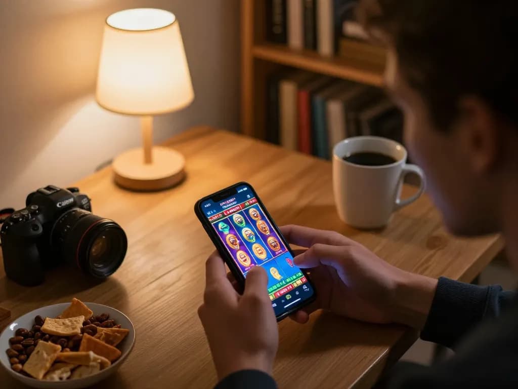 Player enjoying zx88 mobile casino app in cozy home setting, vibrant slot game displayed dynamically.