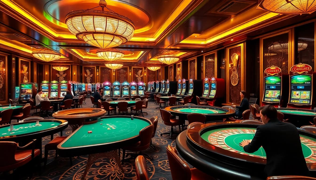 Guests engaging at kubet's lively casino tables with luxurious decor and vibrant atmosphere.