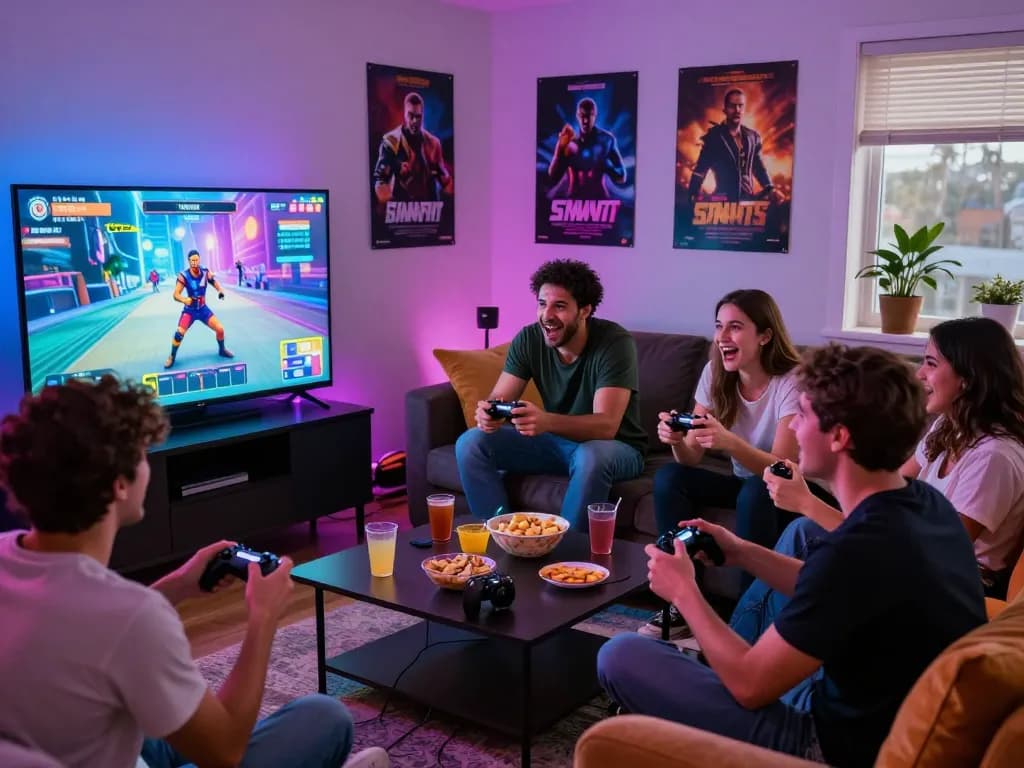 Group enjoying a lively gaming night with friends playing a porngame.