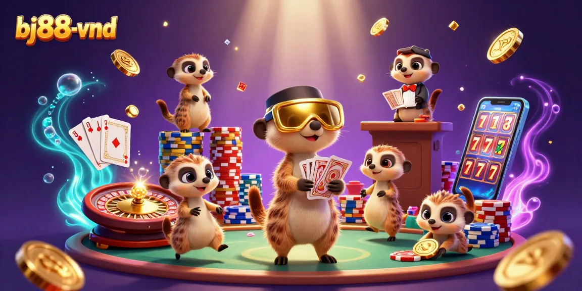 Exciting casino action at bj88-vnd, with meerkats and dazzling gaming elements in a vibrant 3D scene.
