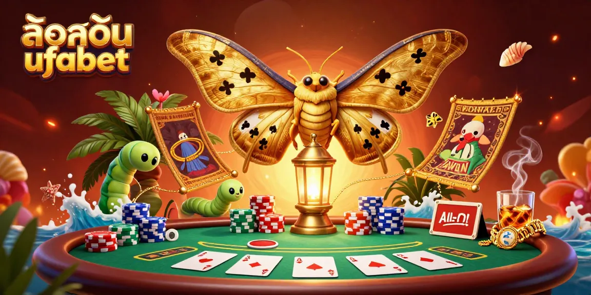 Engage with the vibrant ambiance of ล็อคอิน ufabet, featuring a dynamic casino scene with an atlas moth, poker elements, and lavish decorations.