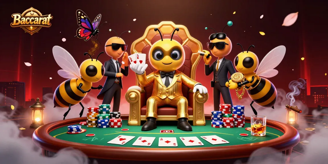 Baccarat game with a mob boss bee at a poker table, showcasing vibrant casino atmosphere.