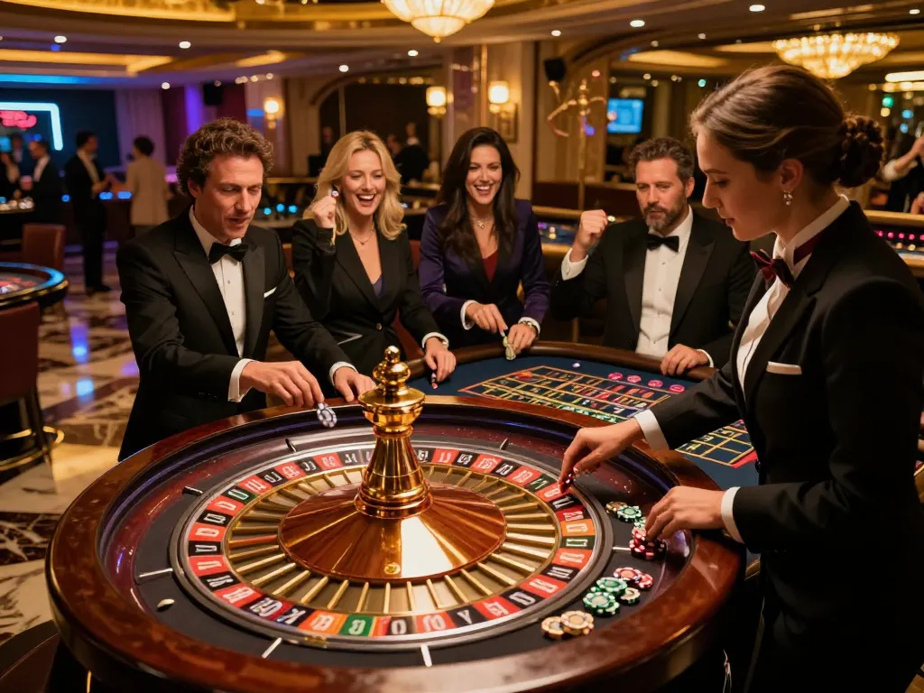 Players at a roulette table in a luxurious casino engaging in a thrilling W69 game.