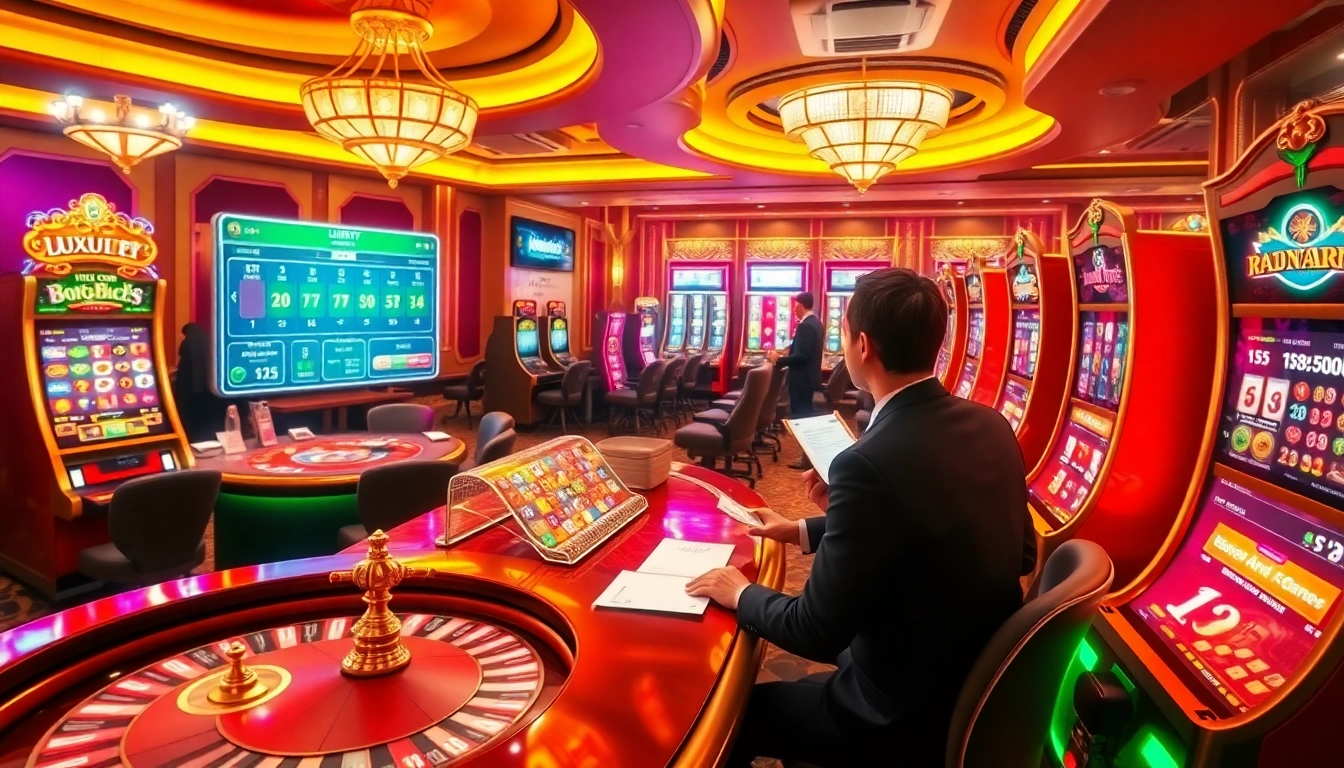 Luxury138 engages players at an opulent online casino table with vibrant slot machines.