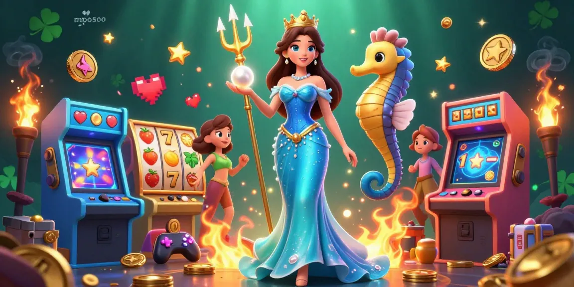 MPO500 showcases an exciting casino adventure with a vibrant 3D scene featuring games, treasures, and unique characters.