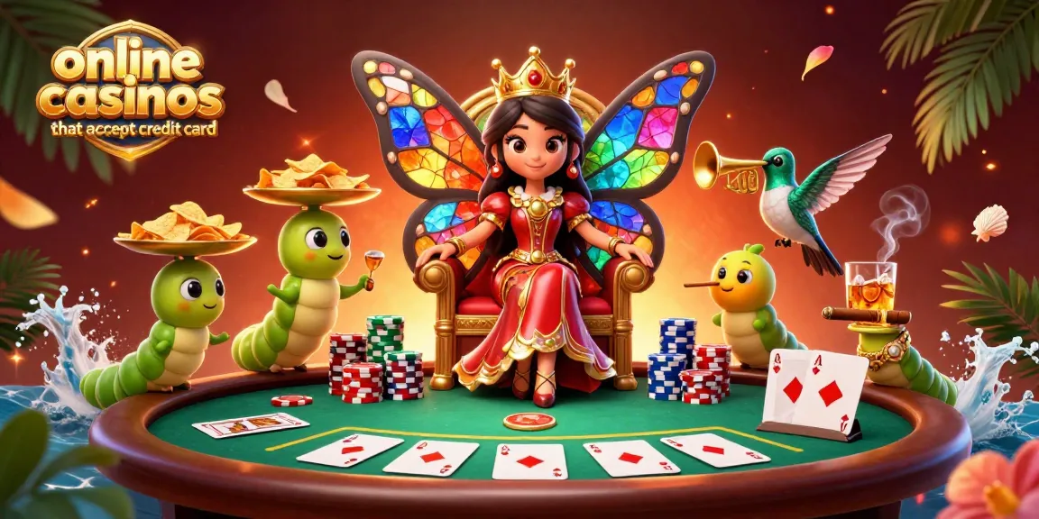 Experience online casinos that accept credit card with vibrant poker-themed 3D illustration featuring a butterfly queen.
